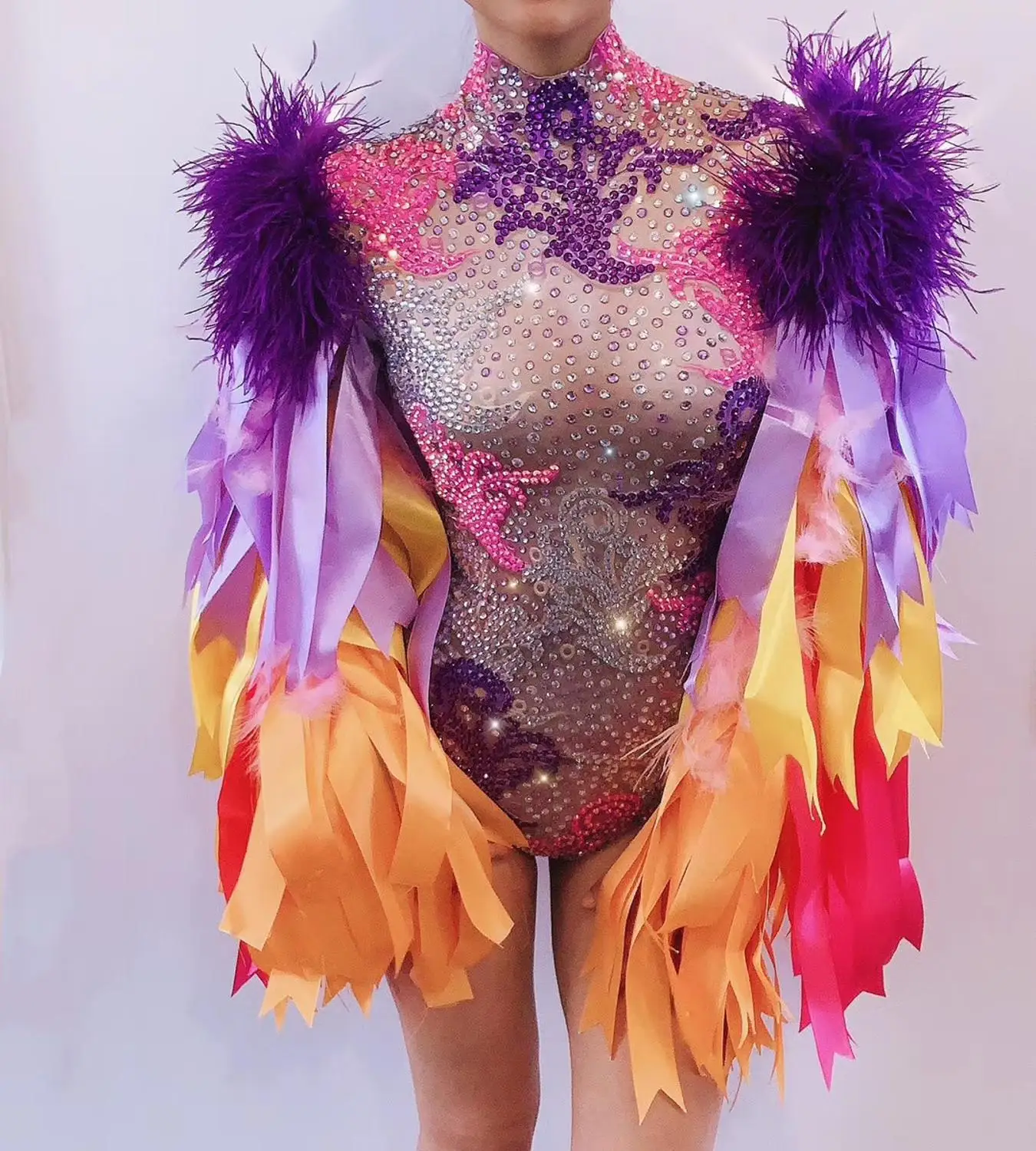 Christia Bella Multicolour Feathers Stage Costumes Women Nightclub Rhinestones Bodysuits Dancer Wear Performance Outfits