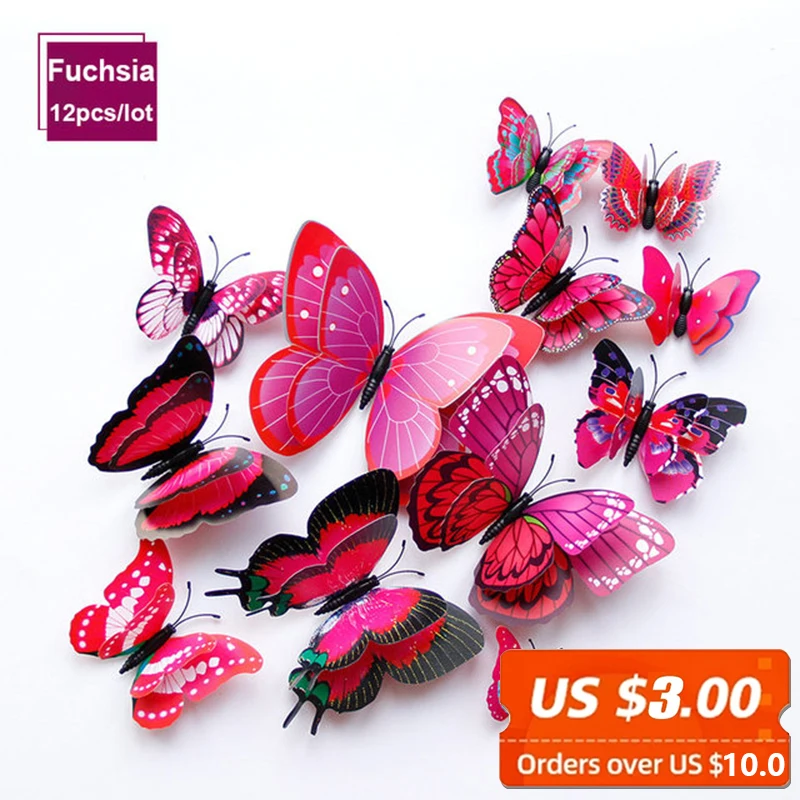 

12pcs/lot Colorful Magnet Butterfly Wall Sticker Double-Layer 3D Simulation Butterfly Home Decoration Wall Stickers