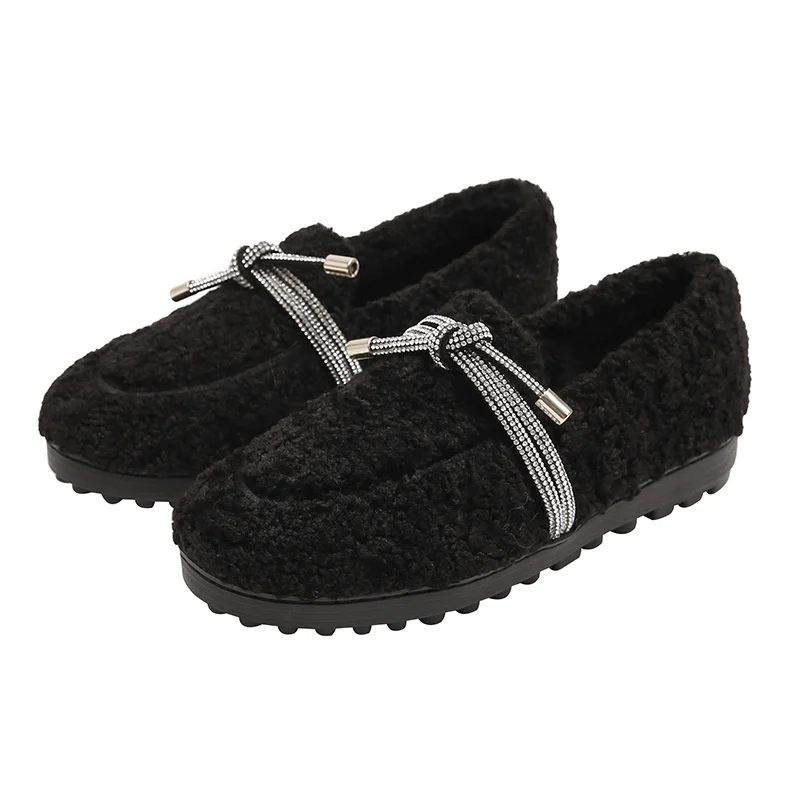 Fur Curly Shoes Woman Glitter Bowtie Cotton Flats Lambswool Loafers Ladies Winter Footwear Cashmere Plush Shoes Comfy Moccasins