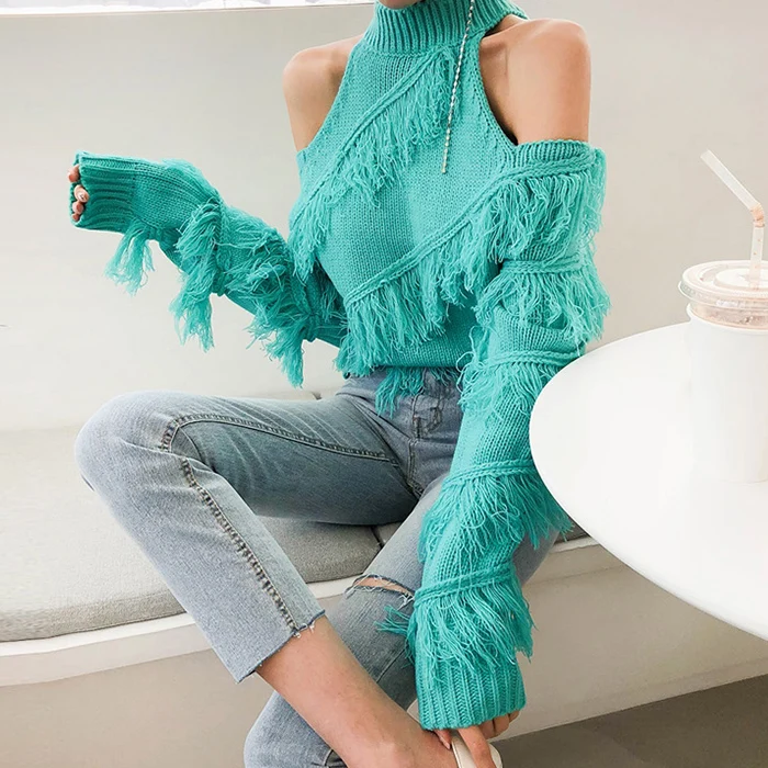Новинка зимы 2019 женские пуловеры с бахромой свитер сексуальный водолазка