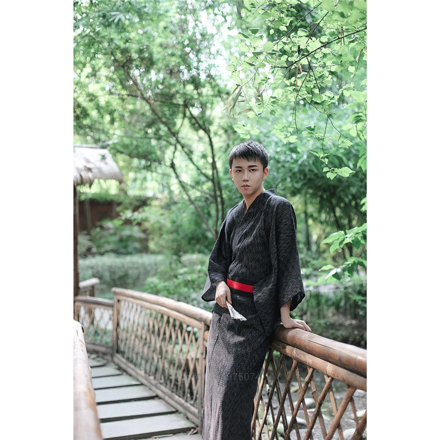 Традиционное японское дизайнерское мужское черное кимоно Оби свободный халат