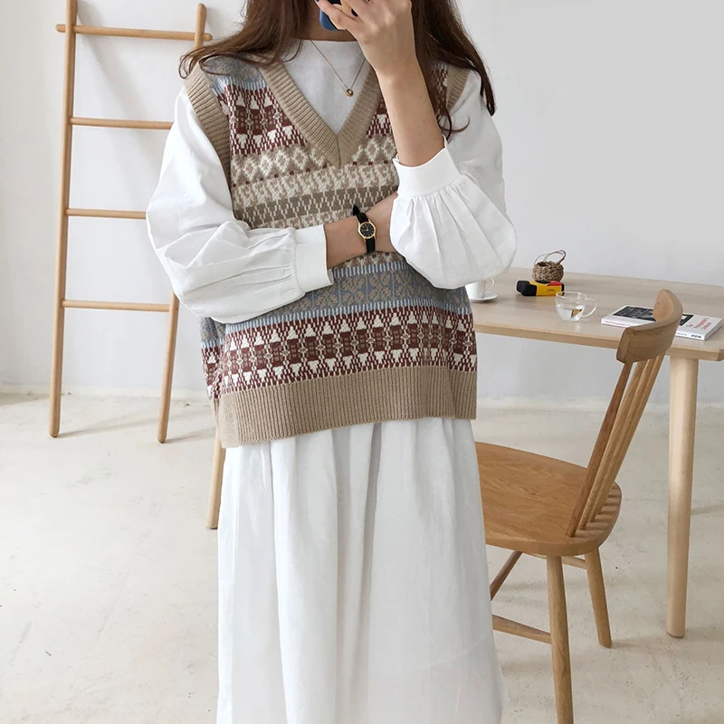 

Spring Jacket Sleeveless Pullover Print Warmed Vest Loose Vest For Women Knitting Women's Warm Vest V Neck Female Jacket