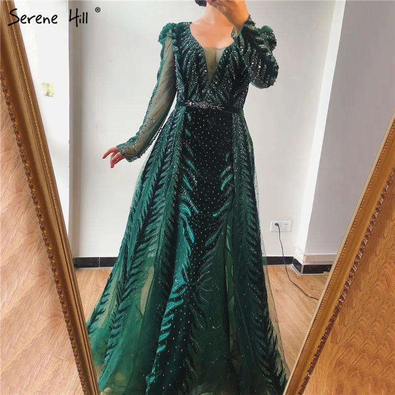 Wine Red Luxury Long Sleeves Evening Dresses 2020 V-Neck Beading Sequined Gowns Design Serene Hill Plus Size BLA60903 | Свадьбы и