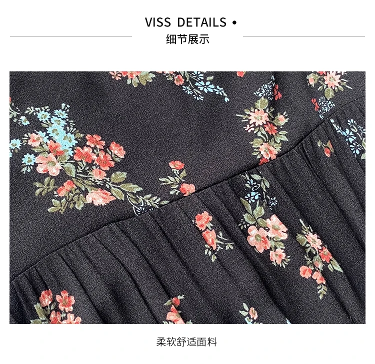 

Square-Cut Collar Black French Style Vintage Floral Dress Women's Summer Tight Waist Slimming Elegant Long Dress vintage dress