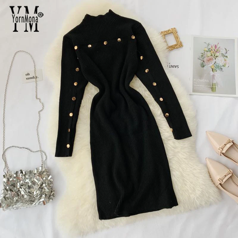 Женское вязаное платье свитер YornMona теплое облегающее на пуговицах с длинным