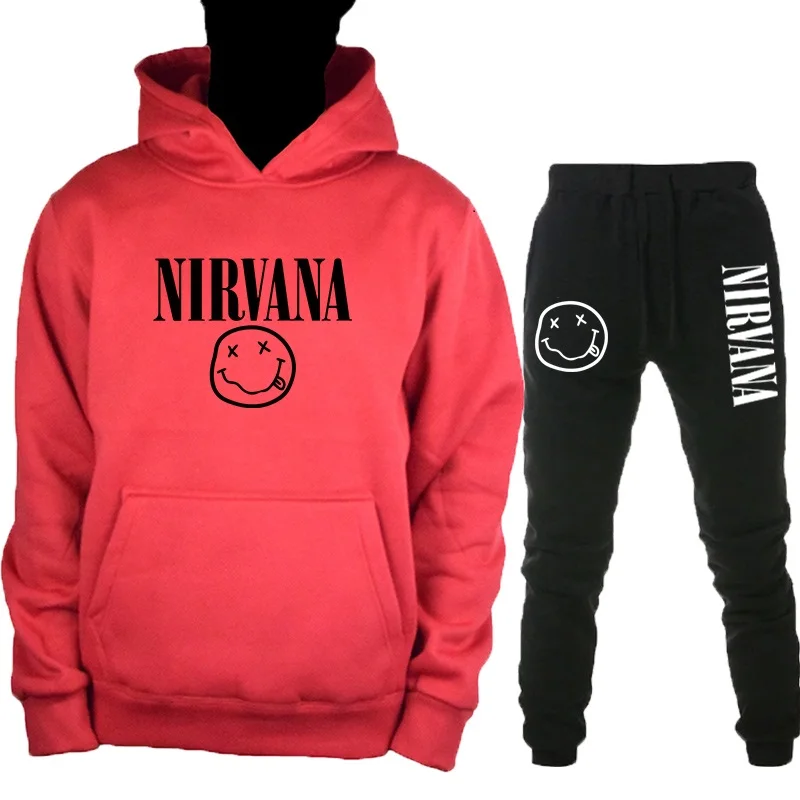 RedH-HeiK Новинка, осенняя и зимняя теплая толстовка Nirvana, Мужская/Женская модная Толстовка в стиле хип-хоп+ брюки, костюм из 2 предметов - Цвет: RedH-HeiK