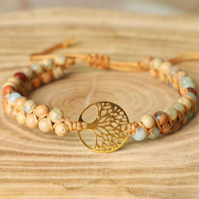 

Браслет ручной работы, 4 мм, каменные бусины Shoushan, Очаровательная цепочка из нержавеющей стали, плетеные браслеты с деревом жизни, браслет др...