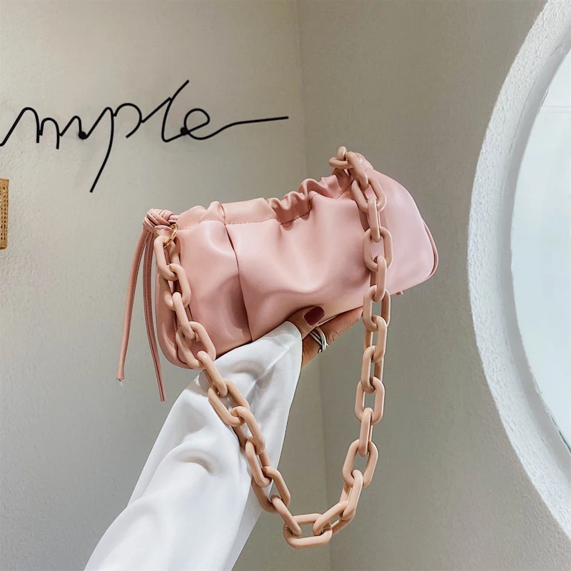 

Fashion Pleated Soft PU Leather Single Shoulder Bag Women Thick Chain Dumpling Shape Clutch Solid Color Cloud Messenger Handbag