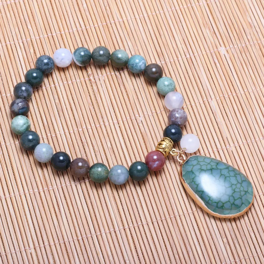 

High Quality Bracelets Natural Stone Indian Agate Round Beads With Pendant Bangle for Women Men Party Wedding Jewelry Gift