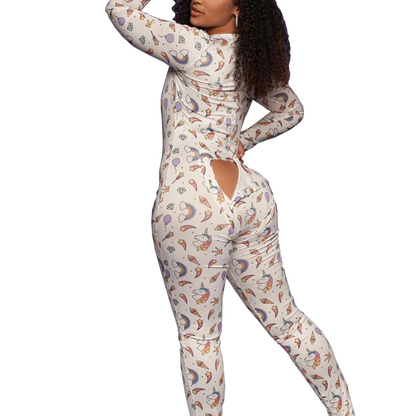 

Sexy Women Printed Jumpsuit, V-neck Long Sleeve Button Flip Elastic Slim One-piece, Daily Life 2021 New Fashion