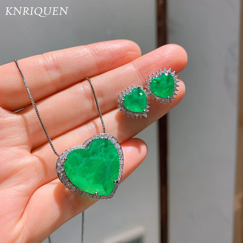 2021 New Trend Heart Created Emerald Gemstone Lab Diamond Pendant Necklace Wedding Party Jewelry Set for Women Anniversary Gift