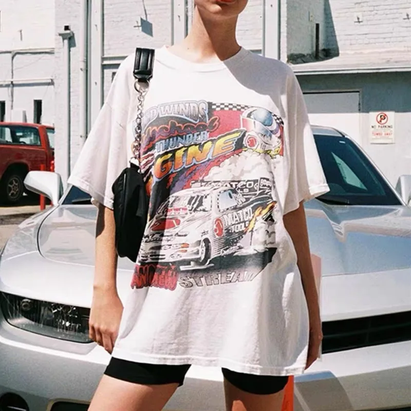 

Women Racing Car Print Oversized T-shirt A081