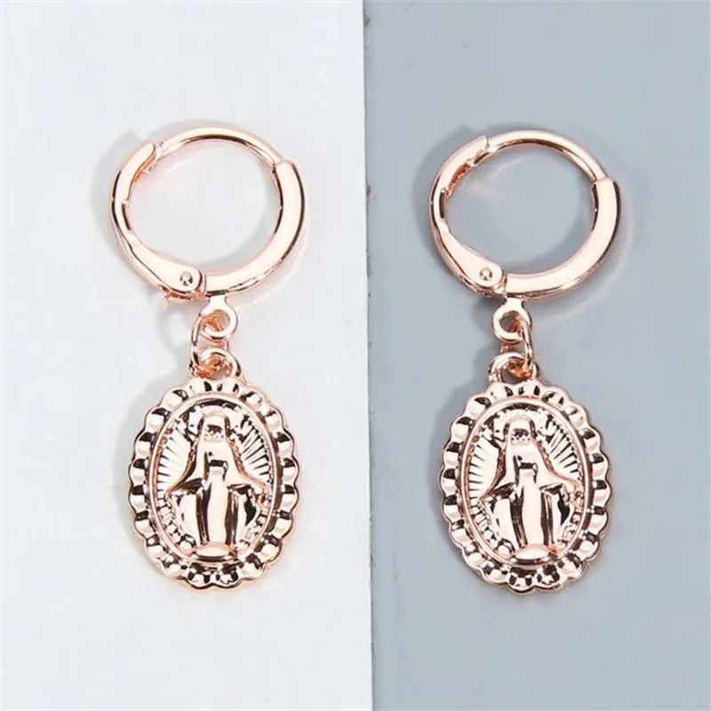 Rose Gold Jesus Маленькие круглые серьги-кольца для женщин минималистичные золотые серебряные Иисус, Дева Мария подвеска Звезда Луна Huggie серьги Модные ювелирные изделия - Окраска металла: Rose Gold Jesus