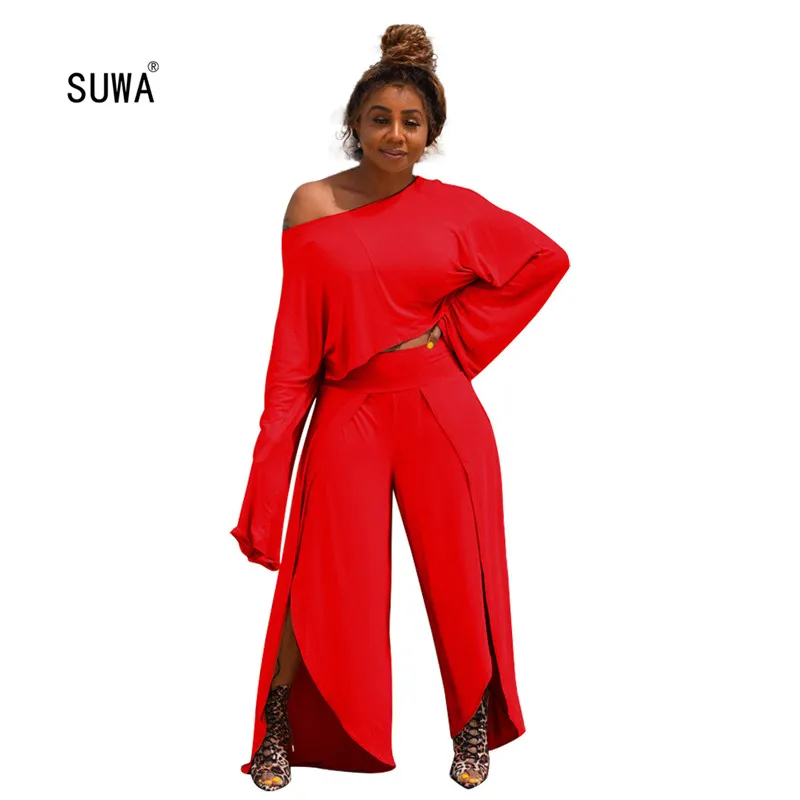 

Однотонный комплект из двух предметов в богемном стиле, повседневная женская футболка с круглым вырезом и длинным рукавом, топ, свободные б...