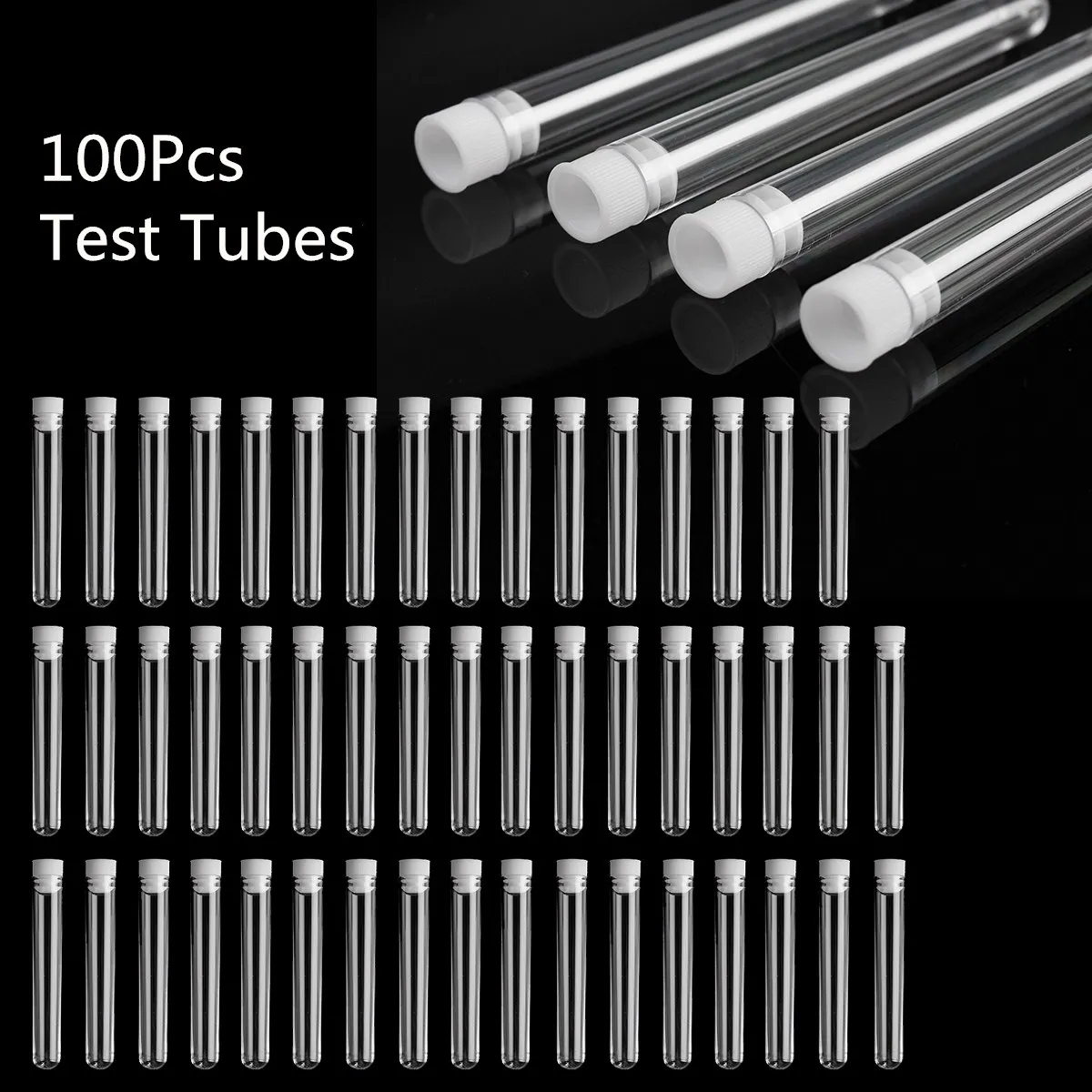 100Pcs Clear Plastic Test Tube With Cap 12x100mm U-shaped Bottom Long Transparent Lab Supplies |
