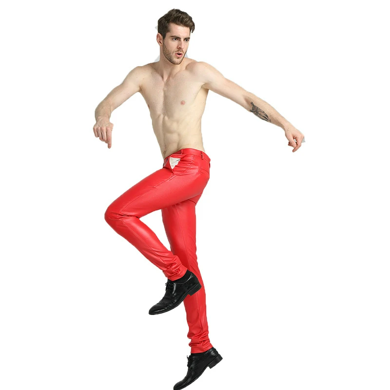 Мужские синие мотоциклетные брюки из искусственной кожи узкие для мальчиков