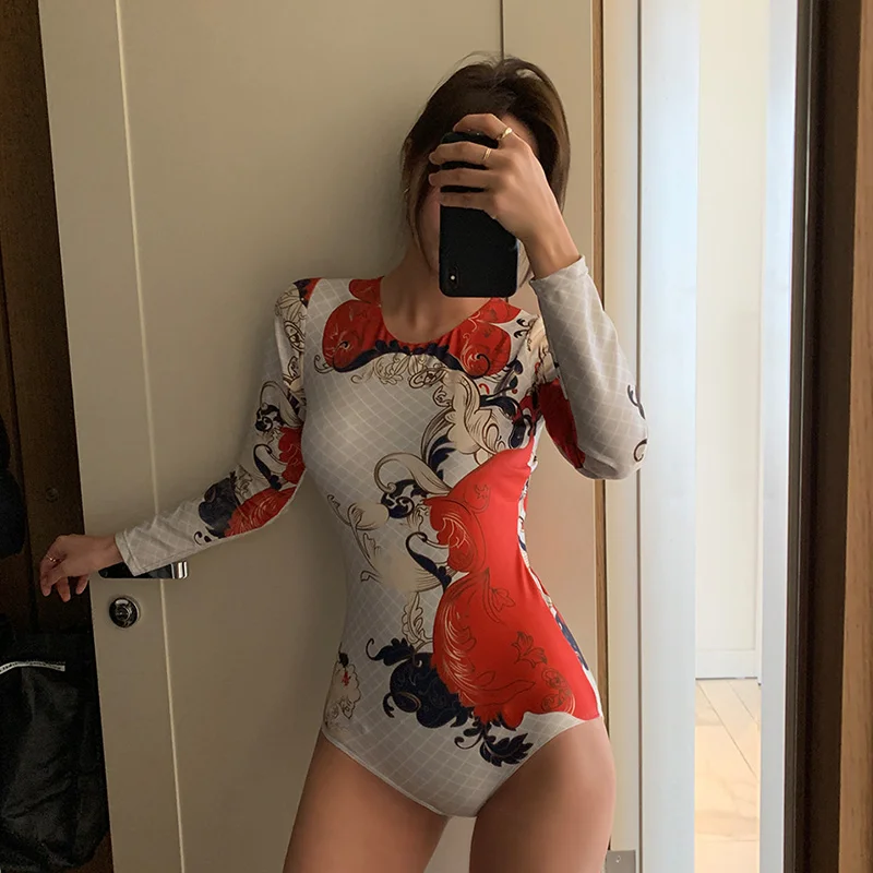 Цельный купальник с принтом и открытой спиной женский купальный костюм длинным