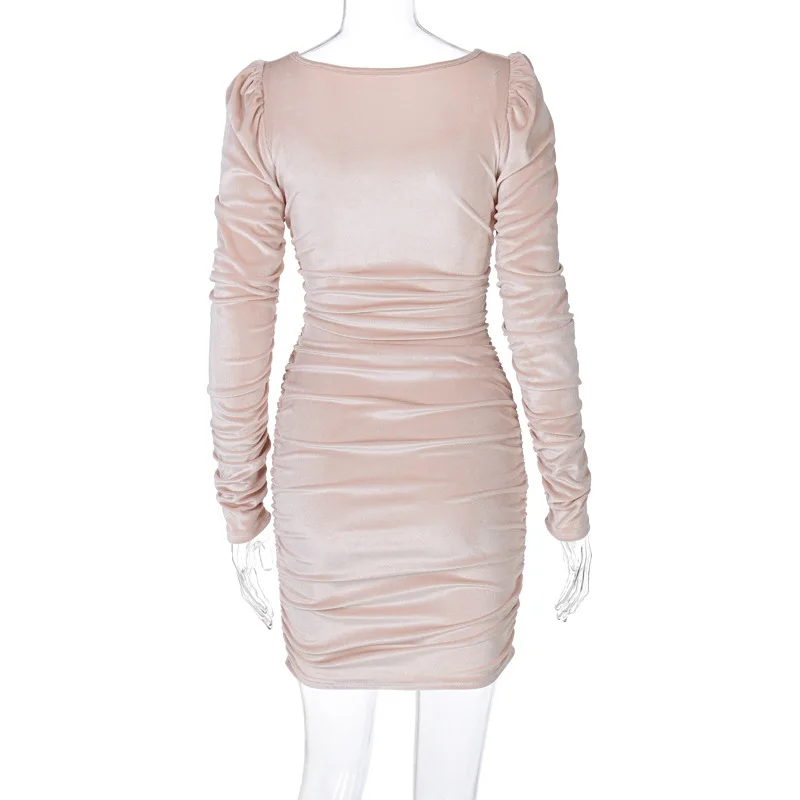 

Vintage Square Collar Long Sleeve Pink Dress Women 2021 High Waist Bodycon Basic Short Sexy Dress Woman Party Night