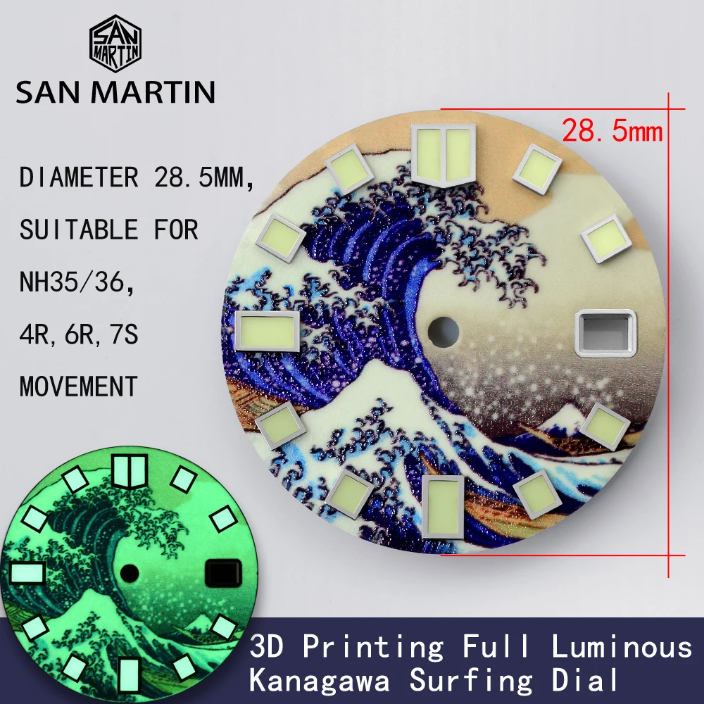San Martin Kanagawa серфинг циферблат 28 5 мм 3D печать полный светящийся Дата Окно подходит