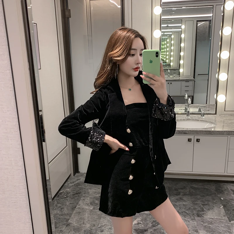 2020 новый модный весенний черный бархатный пиджак + комбинезон на груди комплект