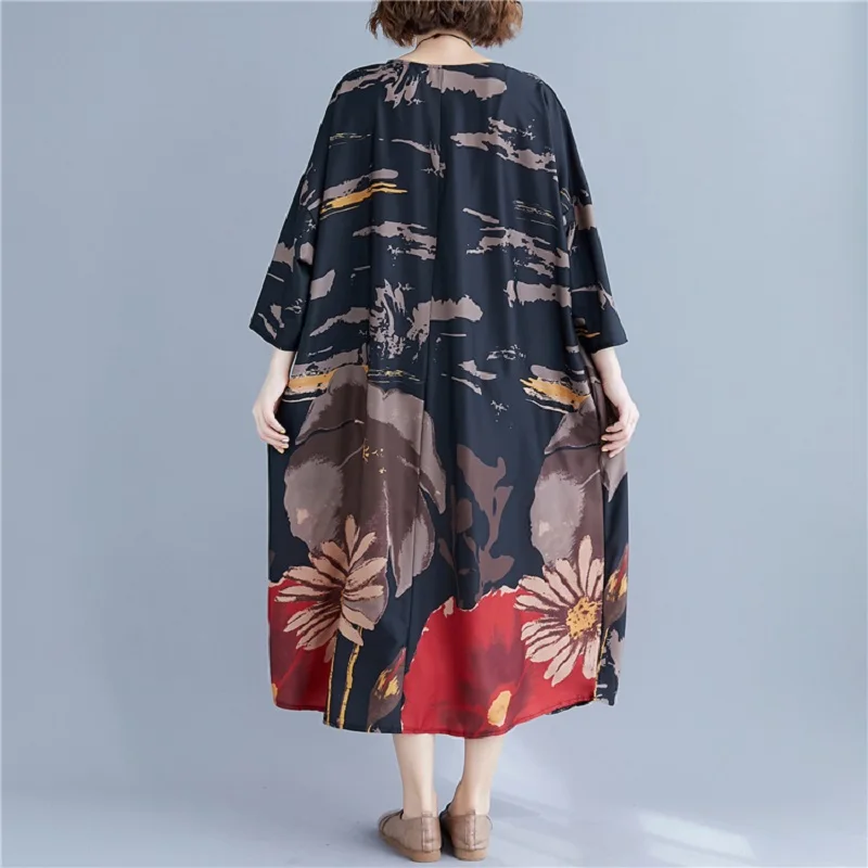 Платье женское атласное с цветочным принтом винтажное Свободное длинное