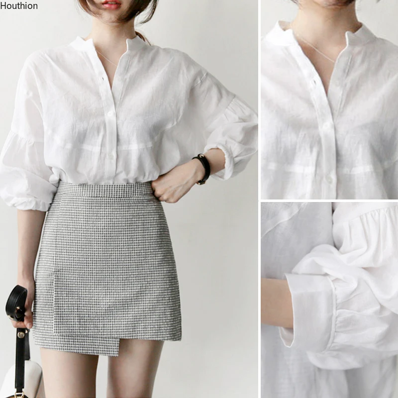

Fashion Blouses Women's Top Korean Shirt New Three-quarter Sleeve Blouse Solid Color Blended Lady Blusas Comfortable Casual