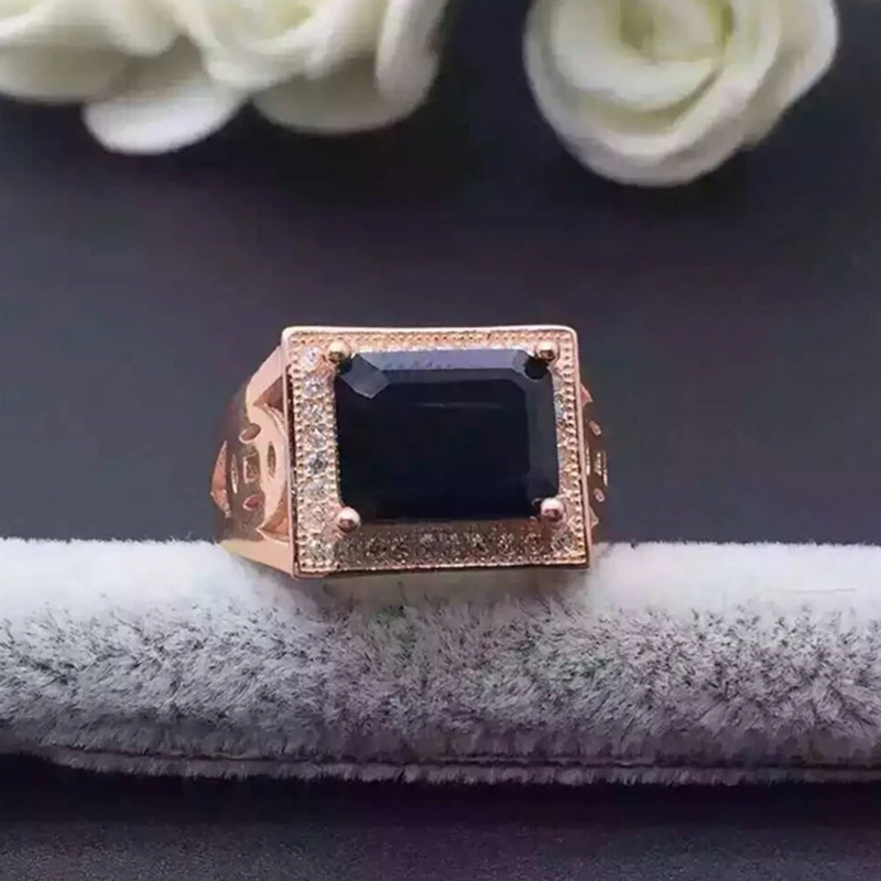 Роскошное мужское кольцо с сапфиром 7 мм * 9 натуральный черный сапфир чистый цвет