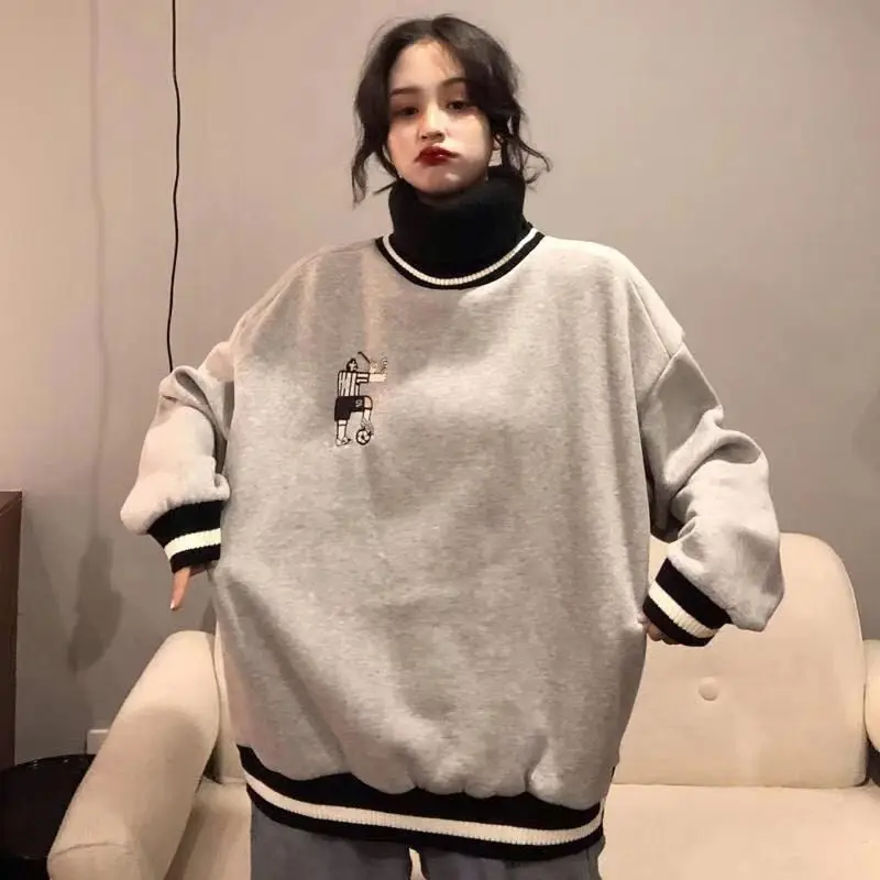 

Winter Korean Harajuku plus velvet Hooded Jacket Women's thick Hooded Sweatshirt high collar knitted Sweatshirt loose coat trend