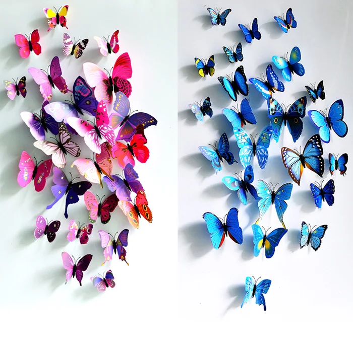 

Pretty Simulate 3D Butterflies Wall Stickers Vivid Colored Butterfly PVC Material Art Decals Home Sticker Party Supplies 12pcs