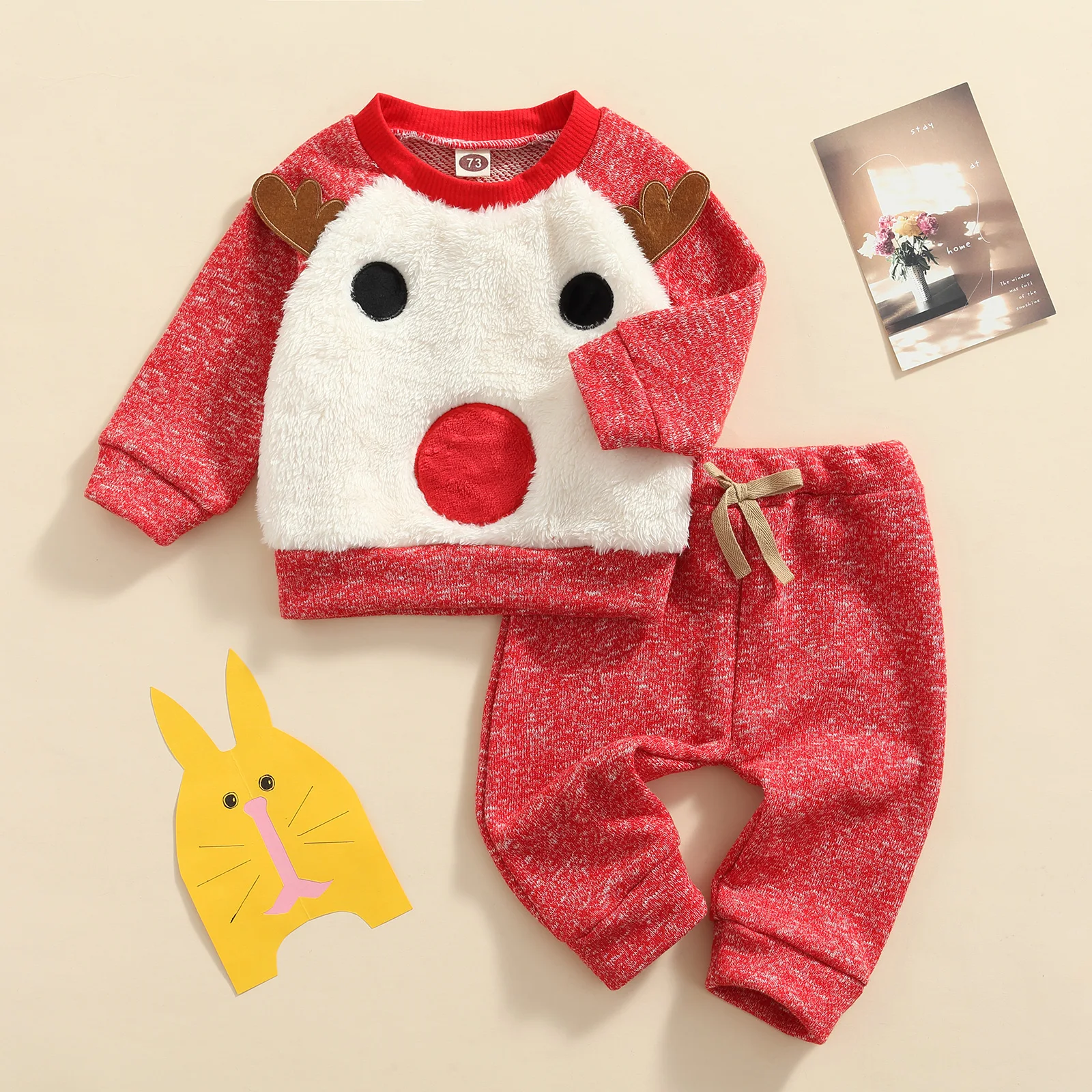 

Children Christmas Nightwear Set Red Elk Pattern Round Collar Pullover and Elastic Waist Trousers 6 Months-4 Years