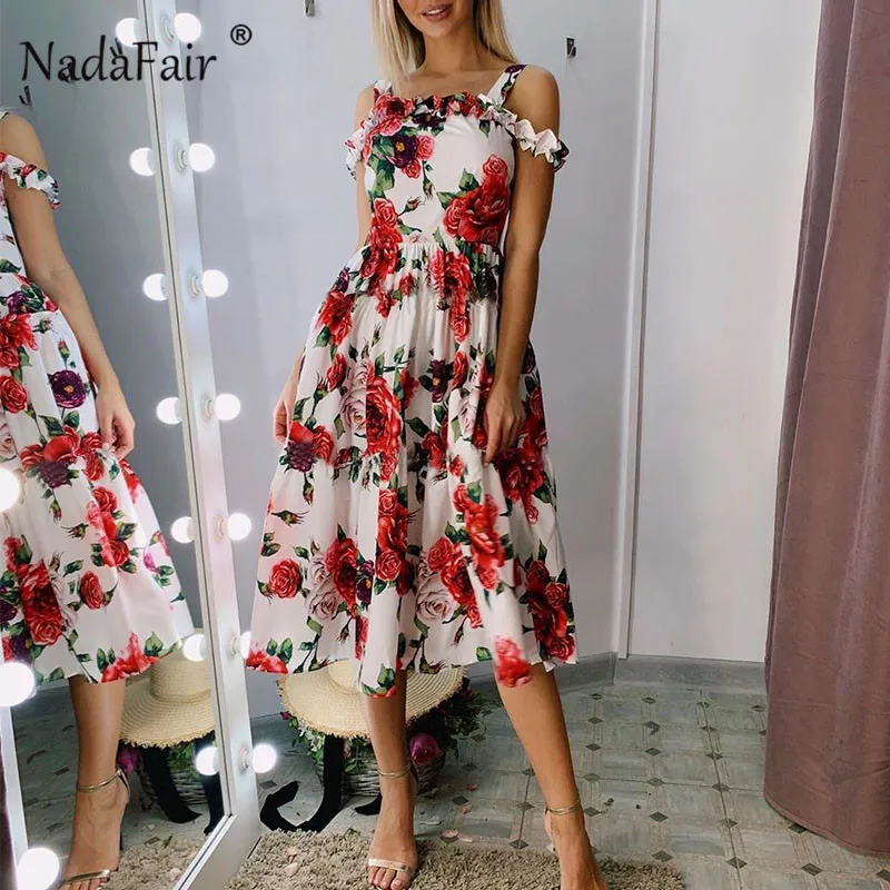 Женское платье с оборками Nadafair летнее пляжное миди открытыми плечами и высокой
