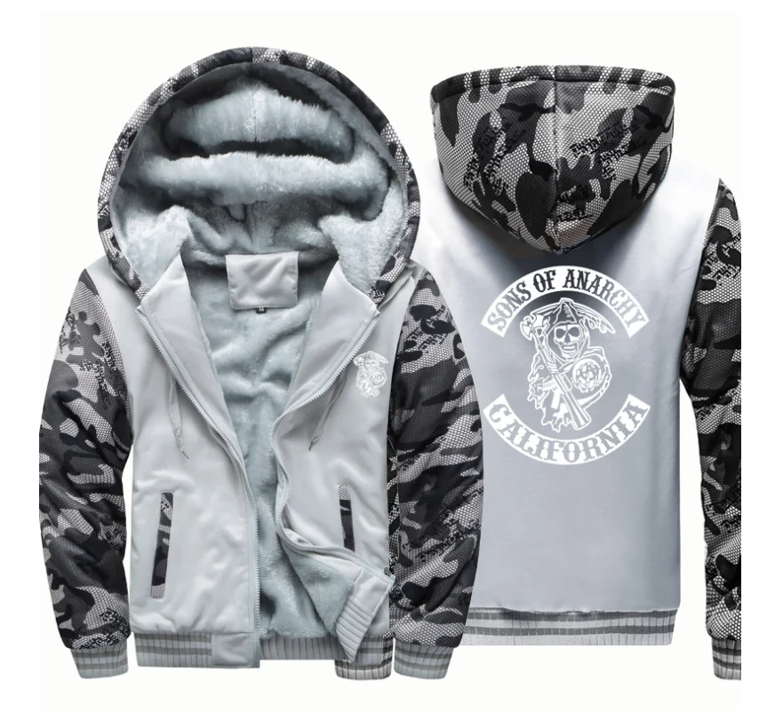 

SOA Sons of Anarchy Hoodies Mens Winter fleece Thicken Warm Camouflage coat zipper Sweatshirt SAMCRO Print Mens Hoodies Jacket T