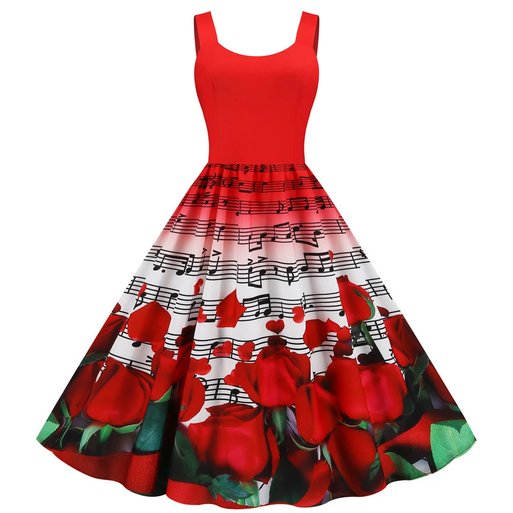 Music Note Heart Print Summer Dress 2020 Fashion Sleeveless Tank Vintage Rockabilly Valentines Party Dresses Swing A-Line Black | Женская