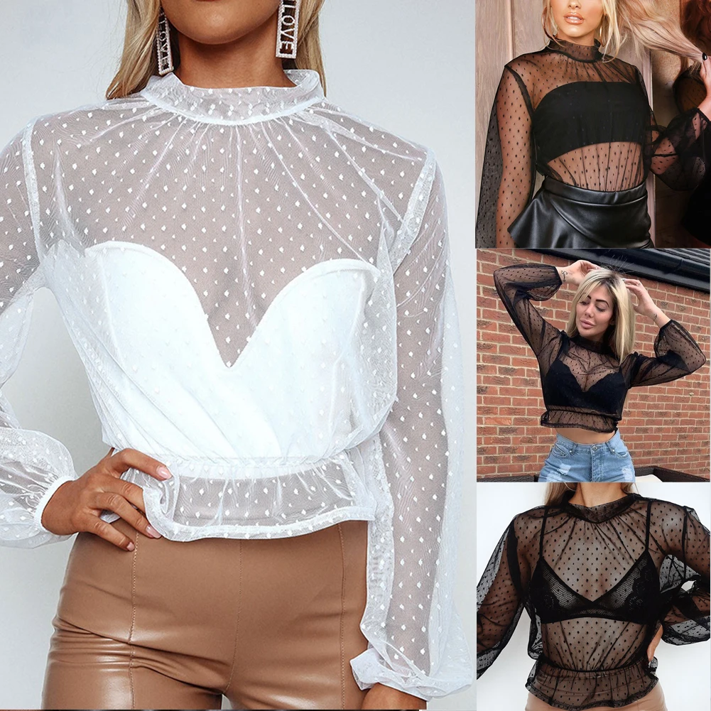 Сетчатые Bluse Sommer кроп Топы женские топы рубашки в горошек Клубные вечерние блузки, рубашки, топы Плюс Размер