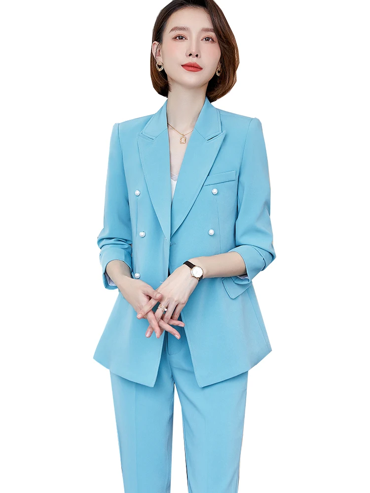 

Fashion Autumn Ladies Formal Pant Suit Women Female Long Sleeve Black Blue Double Breasted Jacket And Trouser 2 Piece Set Blazer