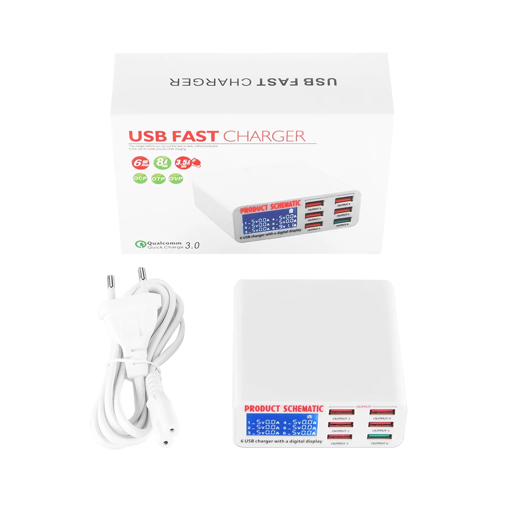 6-Port USB Smart Phone Charger LCD Large Screen Display Automatic Identification Voltage Current Mobile Phone Charging Station