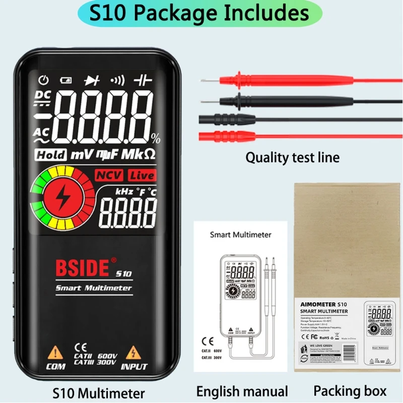 

B-SIDE S10 / S11 Digital Smart Multimeter Color LCD Display 9999 Digital Voltage Capacitor Ohm Diode NCV Hz Tester DMM