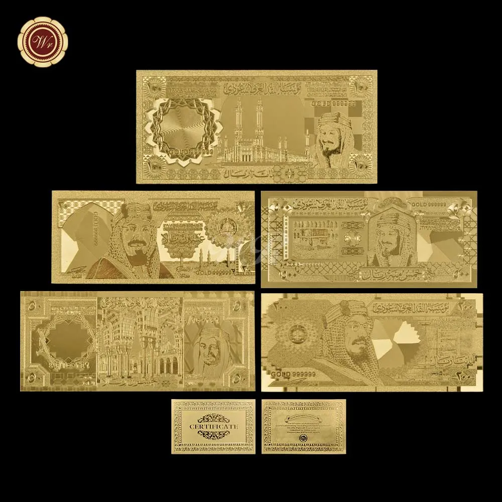 5pcs gold banknotes WR 5 шт./партия,, наборы золотых банкнот из Саудовской Аравии, 20-500, саудовская риял, поддельные бумажные банкноты, Подарочный товар, Прямая поставка - Color: 5pcs gold banknotes