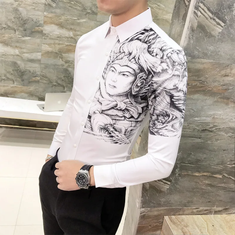 Платье рубашка Корейская одежда мужская рубашка camisa social Повседневная приталенная мужская с принтом вечерние рубашки для клуба Camisa Masculina
