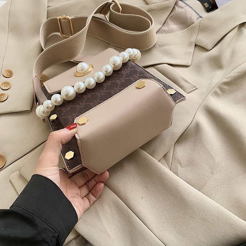 

Pearl women shoulder bag PU leather small square bags Contrast color crossbody bag High quality Tote Bag beading handbag