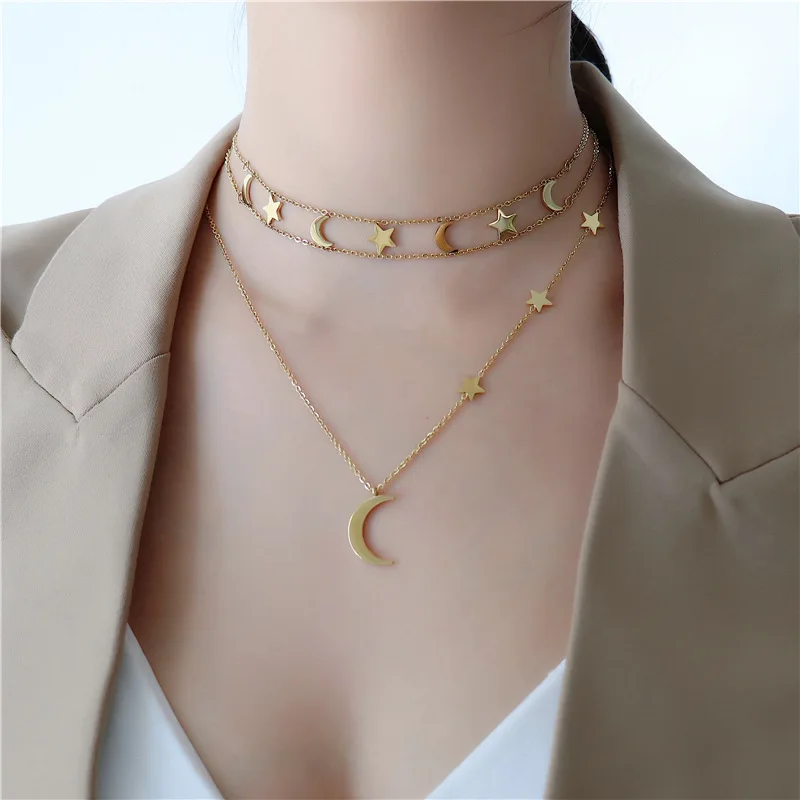 

PUNKI New Moon and Star Hollow Double Chain Bohemian Beach Style Necklace Women's Stackable Fashion Jewelry 2021