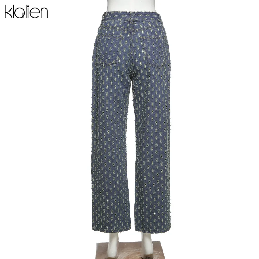 

KLALIEN high street casual loose Wide Leg Pants jeans women autumn fashion office lady wild hole soft cotton female trousers