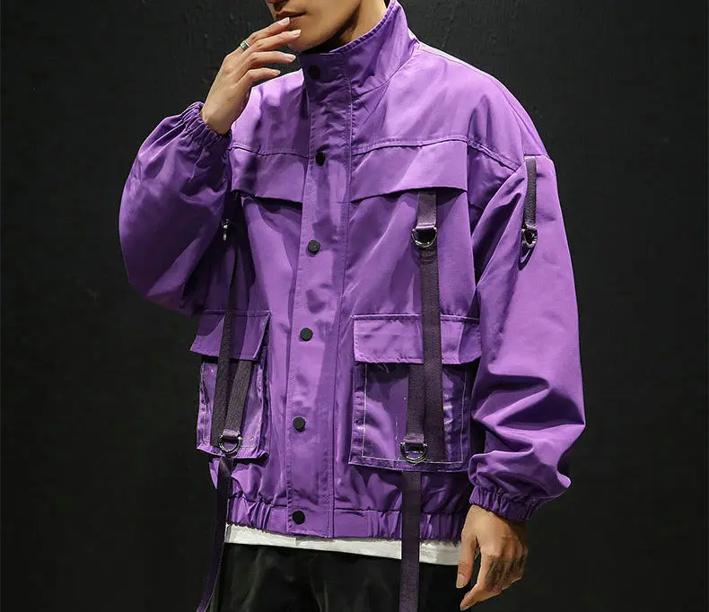 

Streetwear Man Harajuku Hip Hop Men Bomber Jacket 2021 Ribbons Pockets Windbreaker Korean Style Women Fashions Clothing