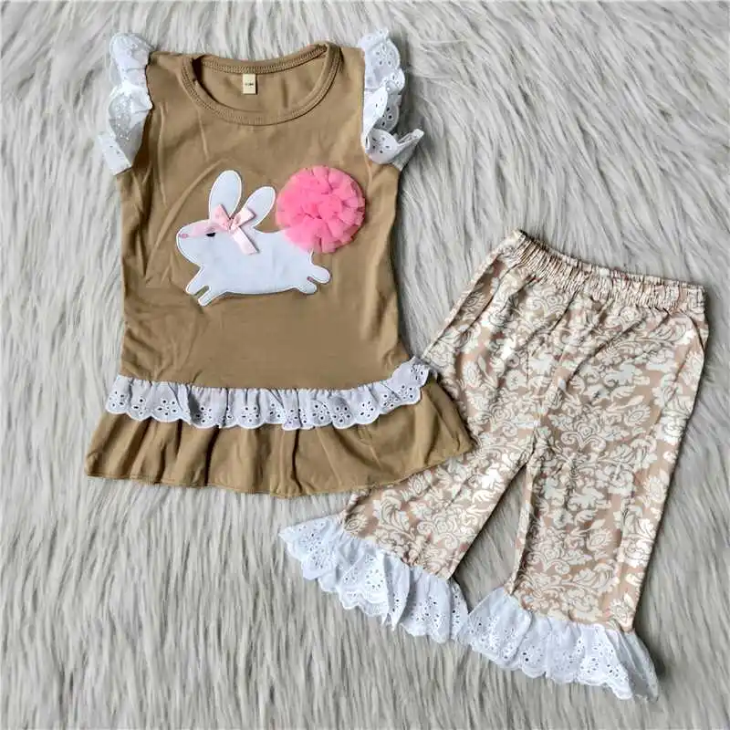 

Toddler girls outfits pink pajamas set rabbit embroidery bell-bottom floral print for kids wear nighty