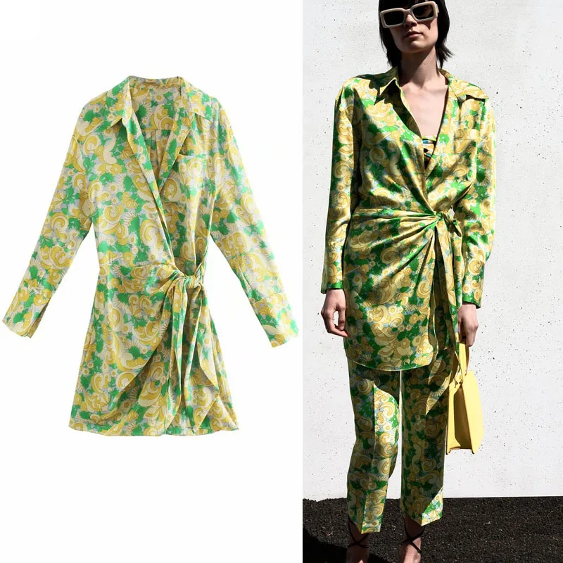 

2021 Floral Print Vintage Shirt Dress Women Long Sleeve Pareo Wrap Tie Mini Summer Dress Woman Back Pleat Elegant Dresses