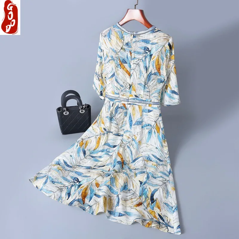 

100% Real Silk Dress Women Summer Dress Floral Print Elegant Office Ladies Dresses Party Midi Beach Vestidos 2021 LPL1811