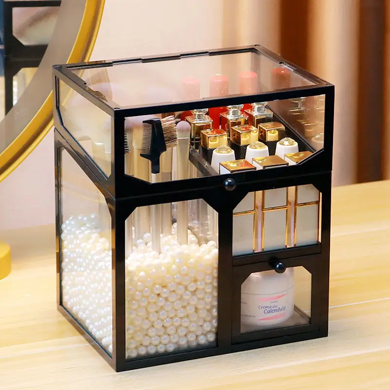 Glass Material Beauty Brush Storage Box Dust-proof Desktop Lipstick Skin Care Shelf Eyebrow With Finishing |