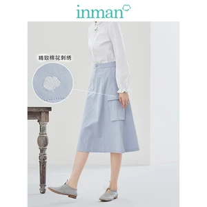 INMANОсенняя однотонная хлопковая юбка-трапеция средней длины с высокой талией в Корейском стиле
