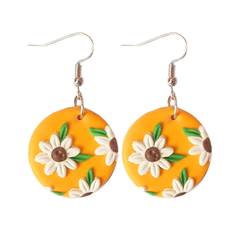 

Minar Fashion Summer Sunflower Circle Geometrical Polymer Clay Dangle Earring for Women Girls Contrast Color Holiday Jewelry
