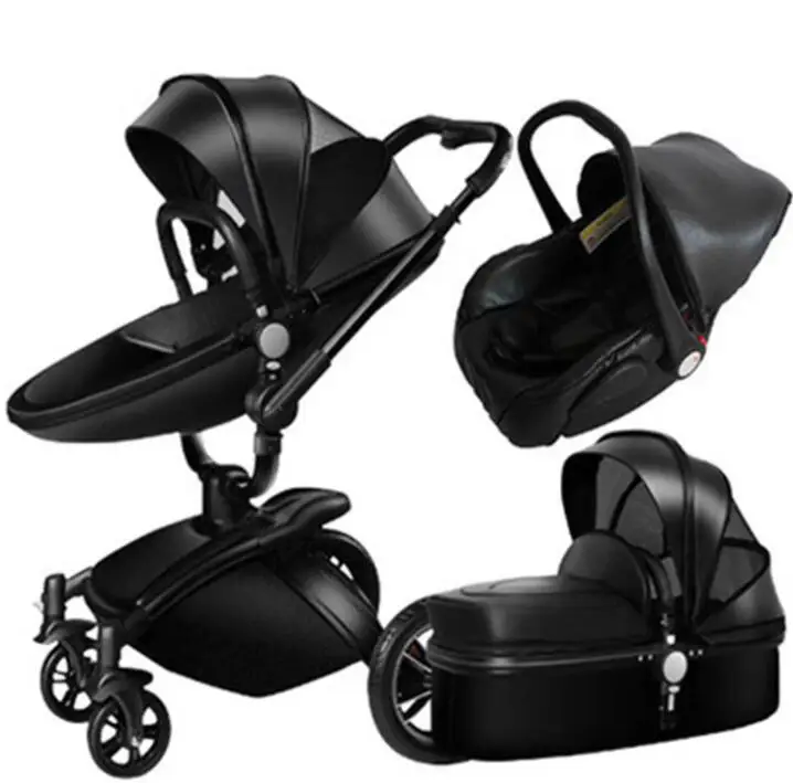 Black three-in-one PU детская коляска прогулочная коляска сложенная детская коляска 3 в 1 коляска для 0-36 месяцев детская тележка - Цвет: Black three-in-one